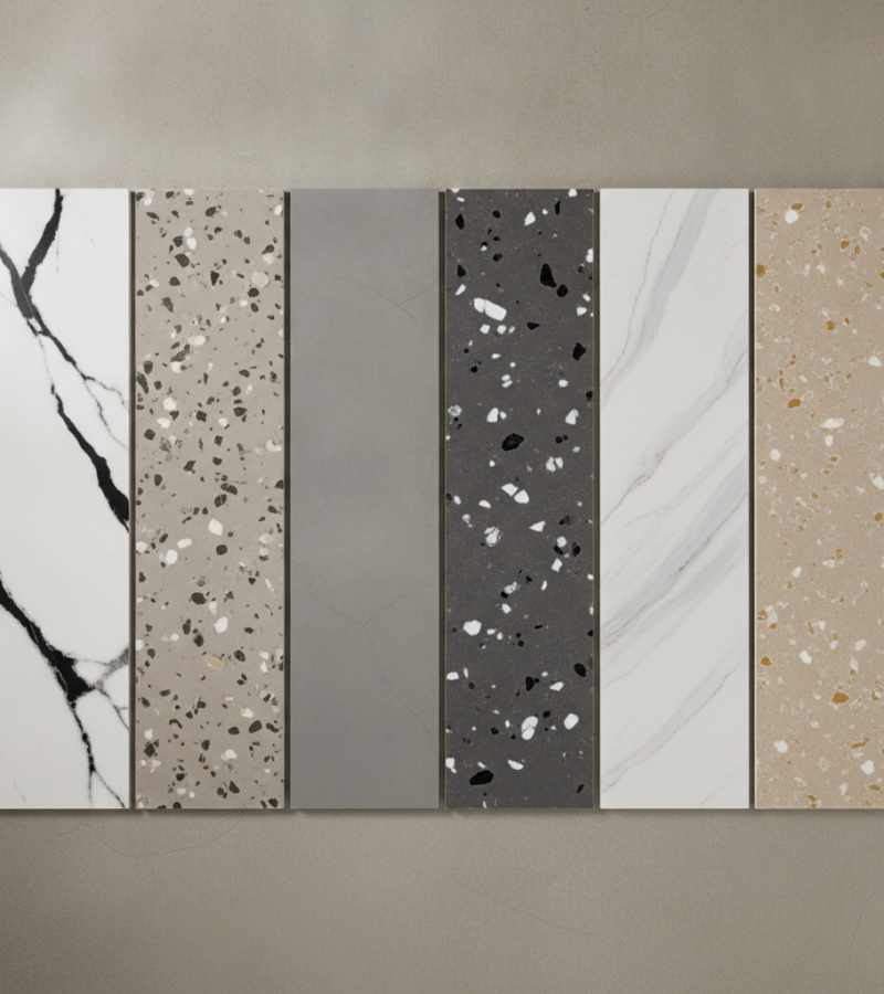 Quartz countertop samples displaying marble-look and speckled patterns in various neutral tones and finishes.