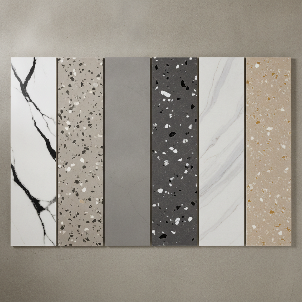Quartz countertop samples displaying marble-look and speckled patterns in various neutral tones and finishes.