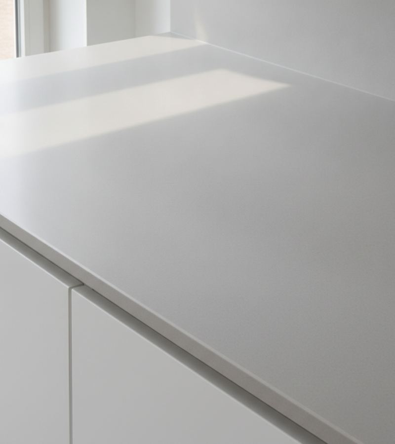 Kitchen countertop with freshly painted finish in neutral tone with protective sealer applied