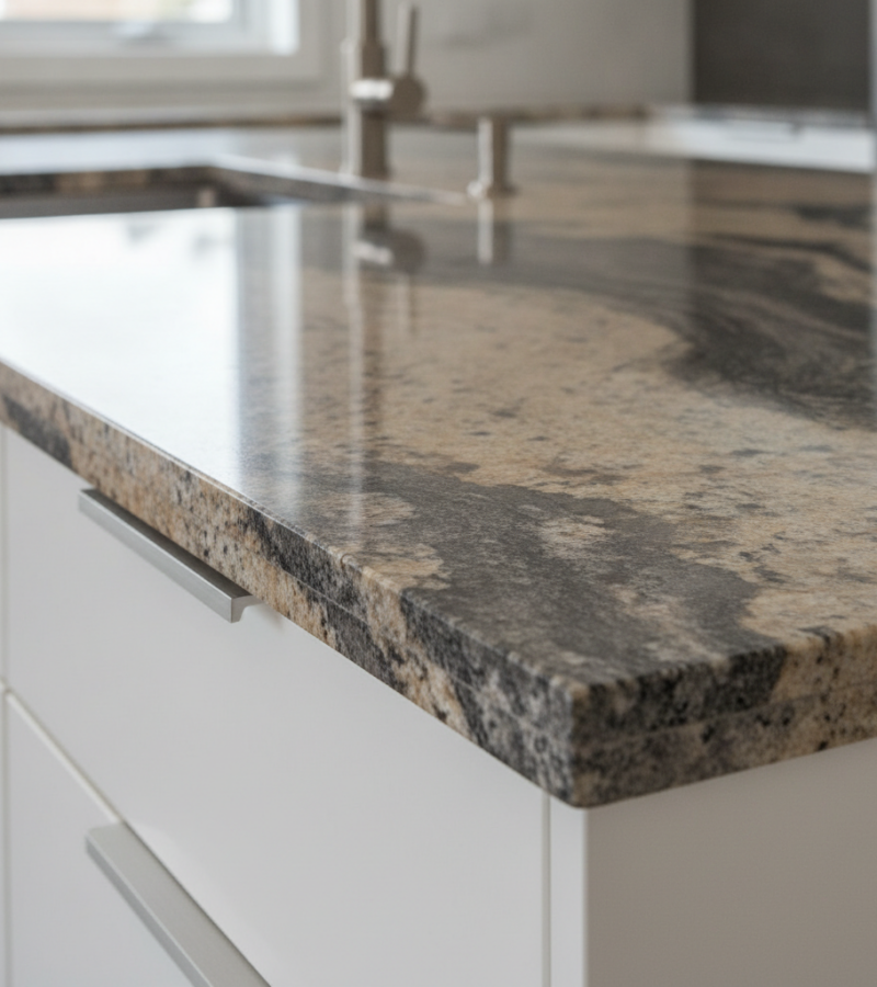 Close-up of polished granite countertop with decorative edge profile in kitchen setting