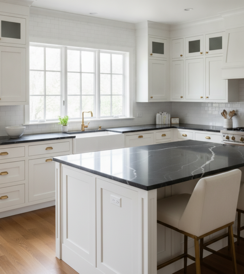 Modern kitchen with white cabinets and dark veined quartz countertops