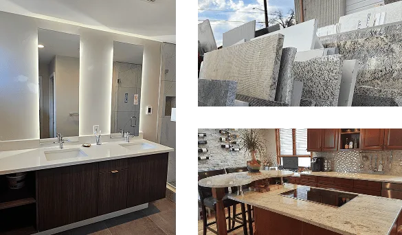 Floating double vanity with a backlit mirror, stone slabs at the fabrication yard, and a cherry-cabinet kitchen island