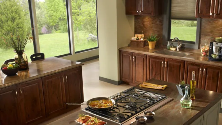 Gas cooktop set into a wood cabinet kitchen with a garden view window