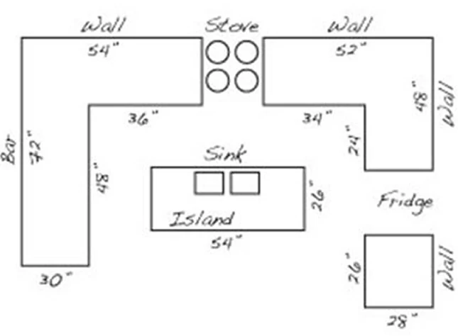 Example kitchen countertop measurement sketch showing wall runs, bar, island with sink, stove, and fridge dimensions in inches
