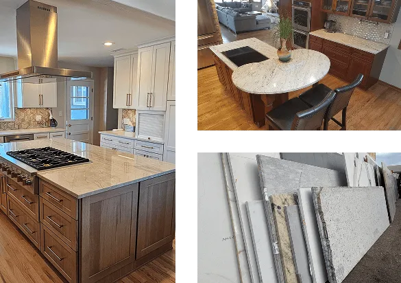 Walnut kitchen island with a light stone countertop and gas cooktop, an oval stone breakfast bar, and slabs in the showroom