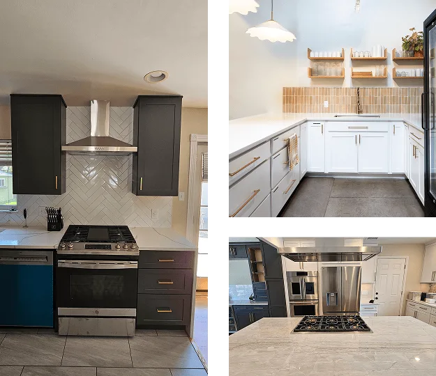 Three kitchen remodels: dark shaker cabinets with herringbone backsplash, white cabinets with open shelving, and a veined stone island