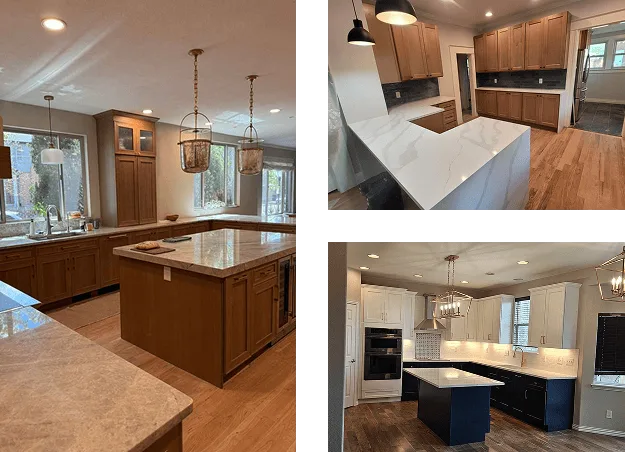 Three kitchen remodels: wood cabinets with a light countertop, a white waterfall island, and a navy island with pendant lights