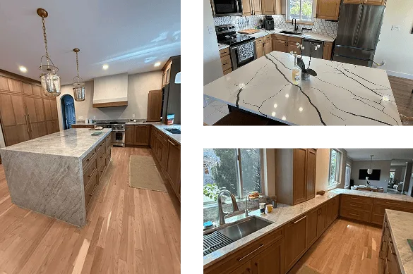 Wood-cabinet kitchen with a waterfall-edge island, a boldly veined white island with a black faucet, and a window-side sink run