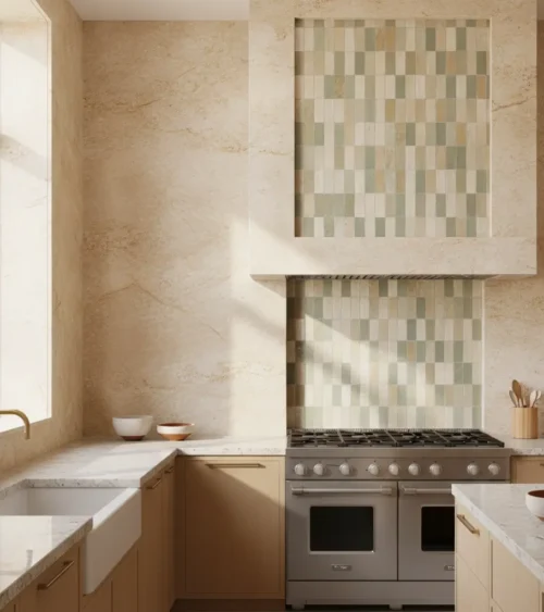 popular-kitchen-backsplash-trends-in-2026 Modern kitchen with full-height warm stone backsplash and textured tile detail behind range