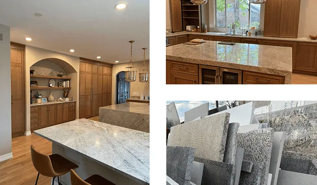 Light speckled stone breakfast bar with wood cabinets, a window-side countertop, and slabs in the showroom